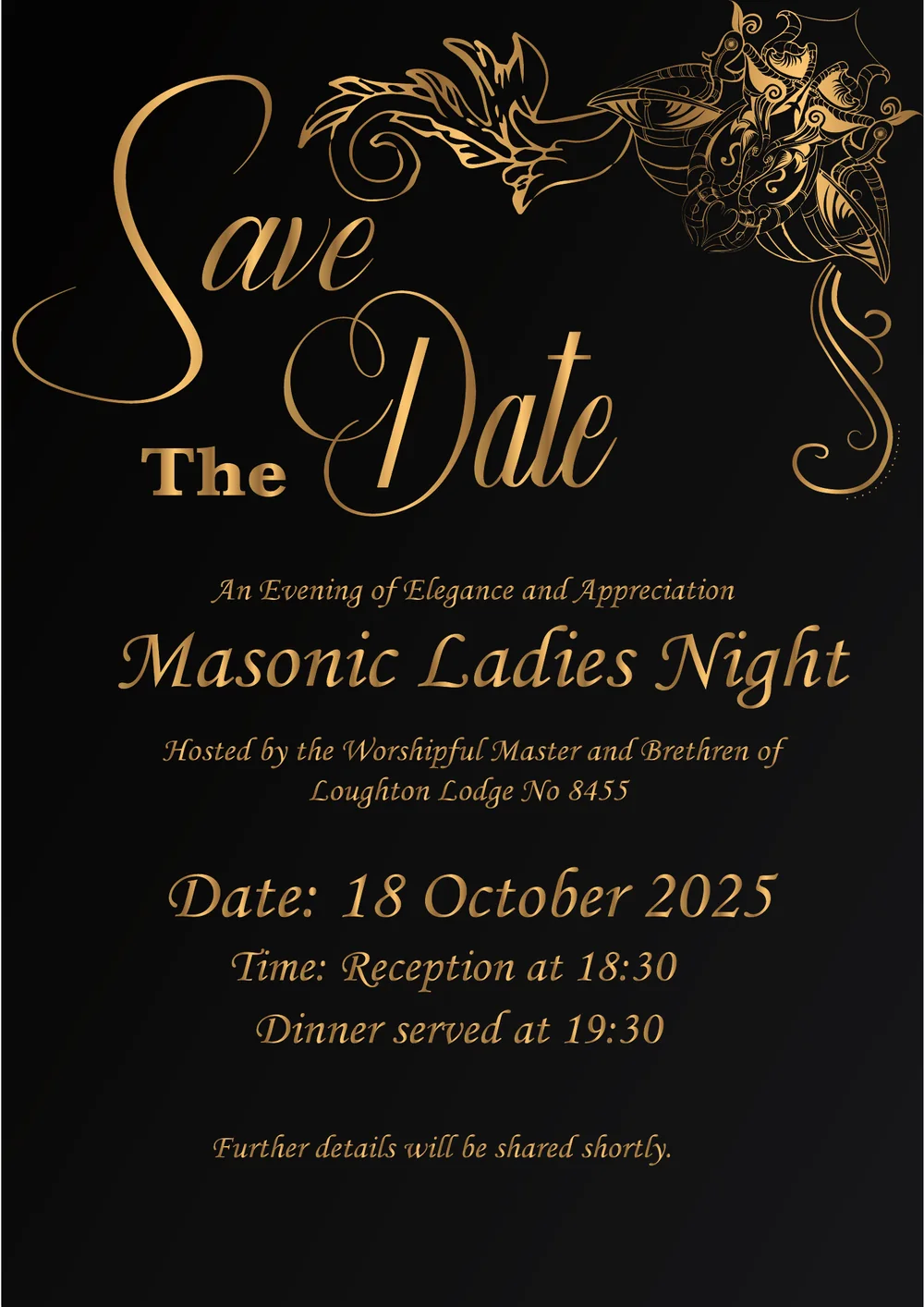 Save the Date poster for Loughton Lodge No. 8455 Masonic Ladies Night on 18 October 2025, reception at 18:30 and dinner at 19:30.